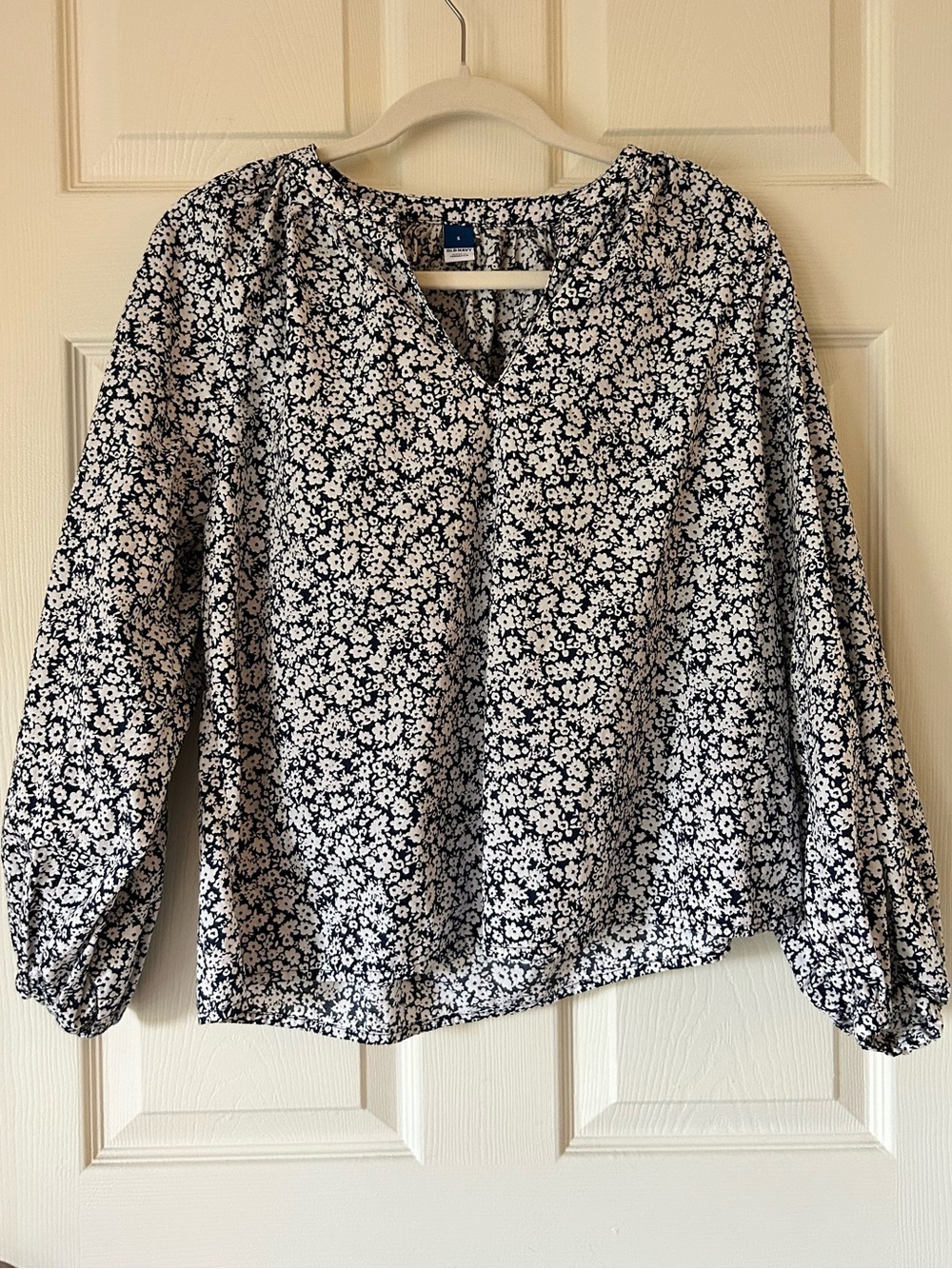 Old Navy Cottagecore Floral Peasant Blouse Navy White Balloon Sleeve Sz S